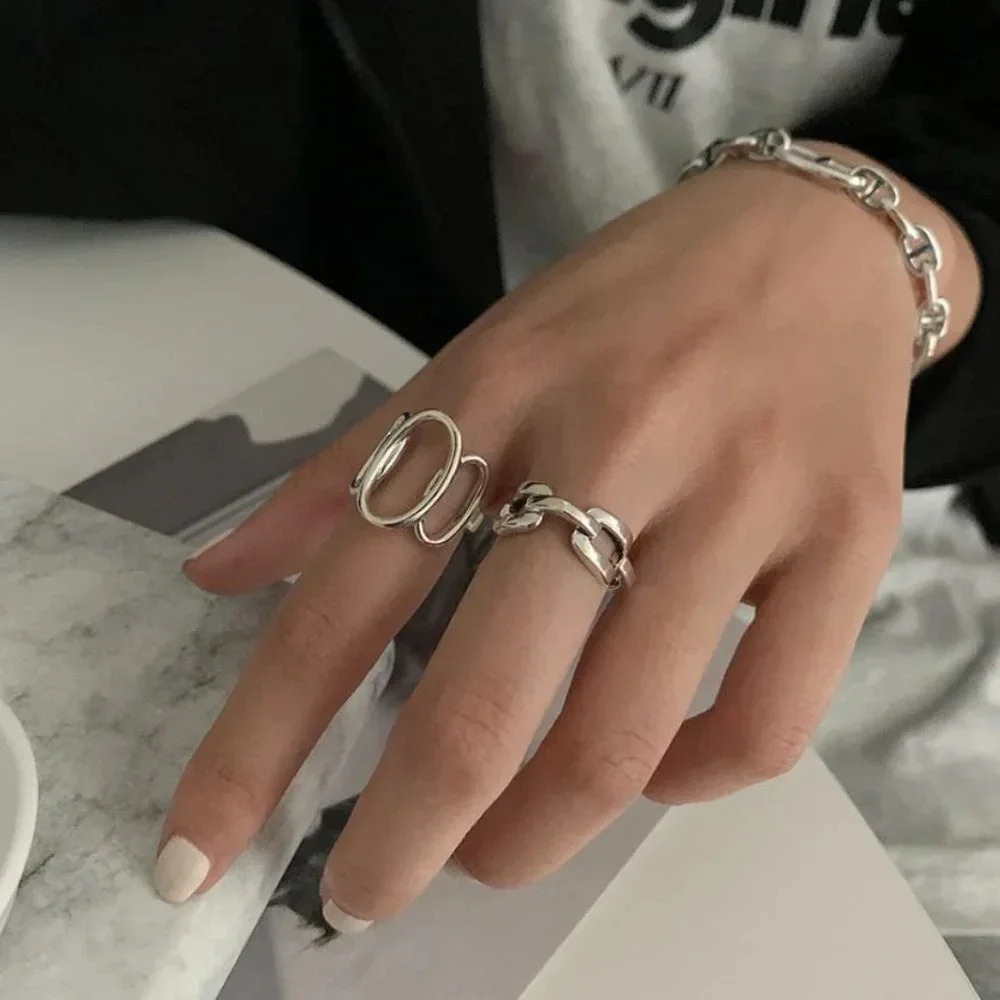 925 Sterling Silver Oval Link Ring Minimalist Silver Geometric Statement Ring - Picture 4 of 8